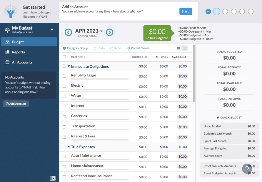 YNAB screen for 2021