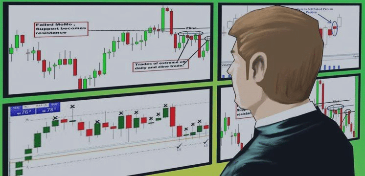 Trader in front of candlestick charts