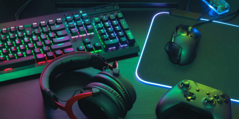 headphones, joystick, computer mouse, keyboard