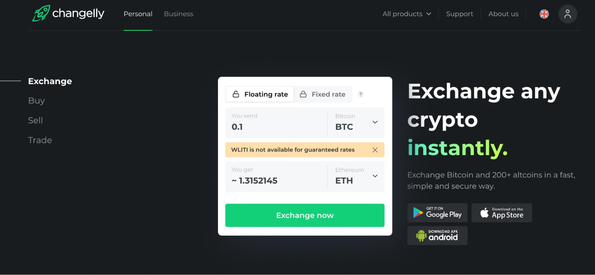 Changelly homepage