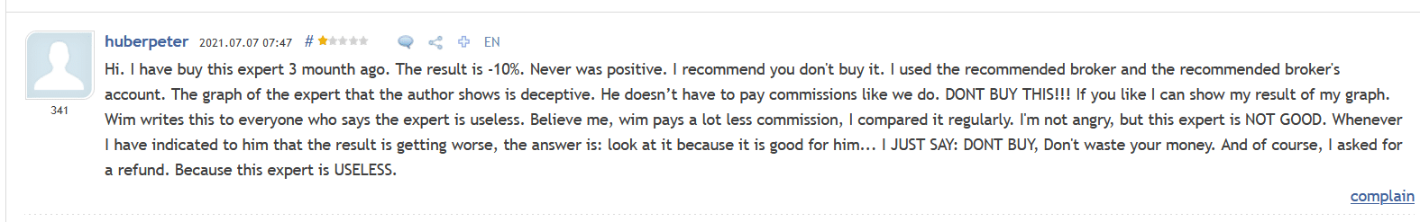 A negative customer review at MQL5 website